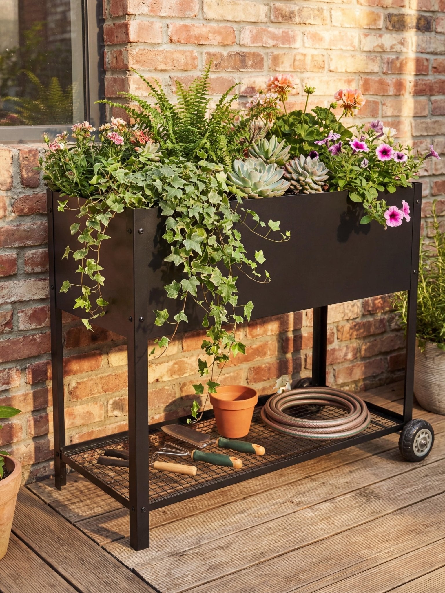 Floreira Metálica com Rodinhas 95x40x80cm Preta - Montar & Plantar