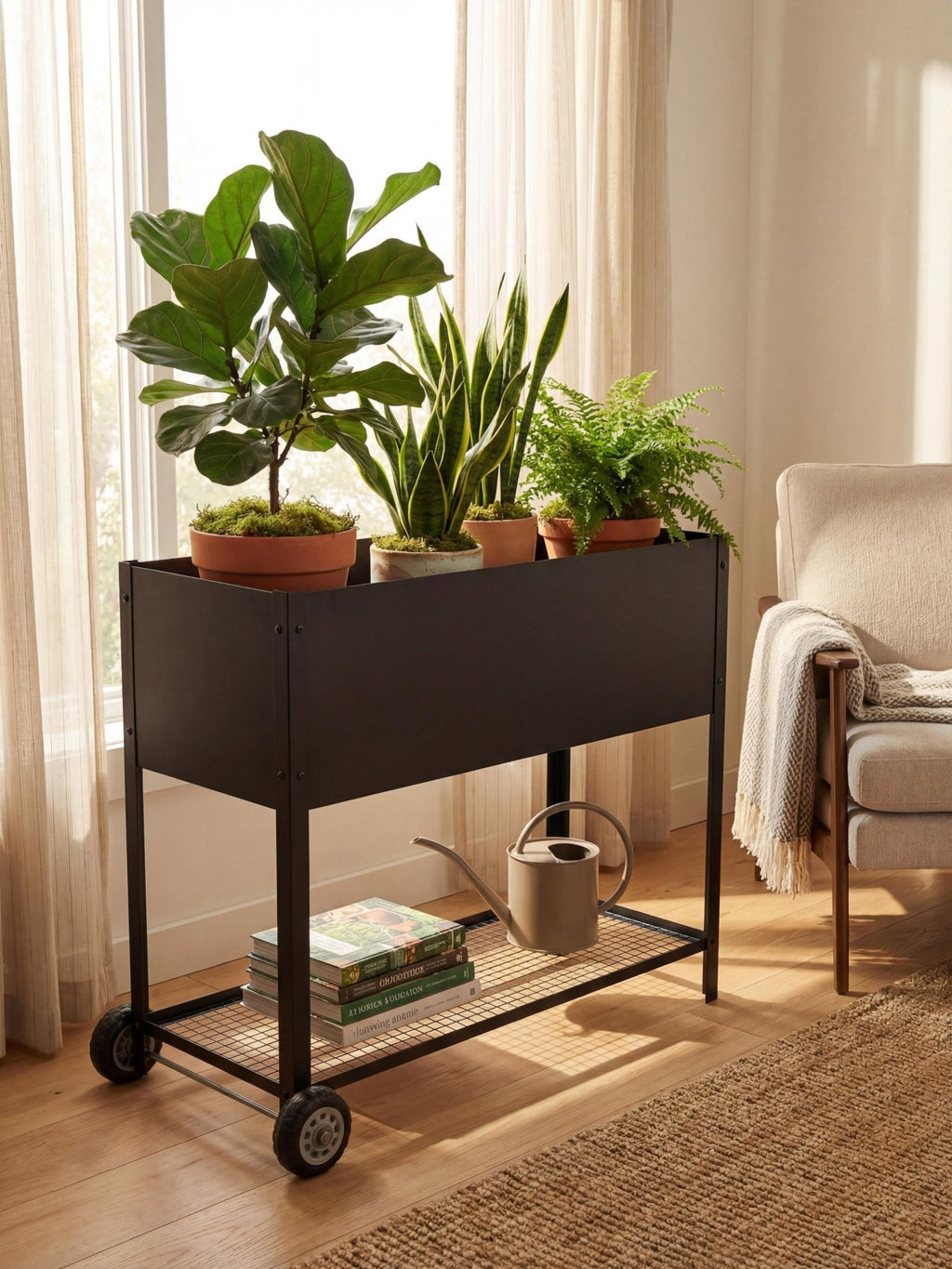 Floreira Metálica com Rodinhas 95x40x80cm Preta - Montar & Plantar