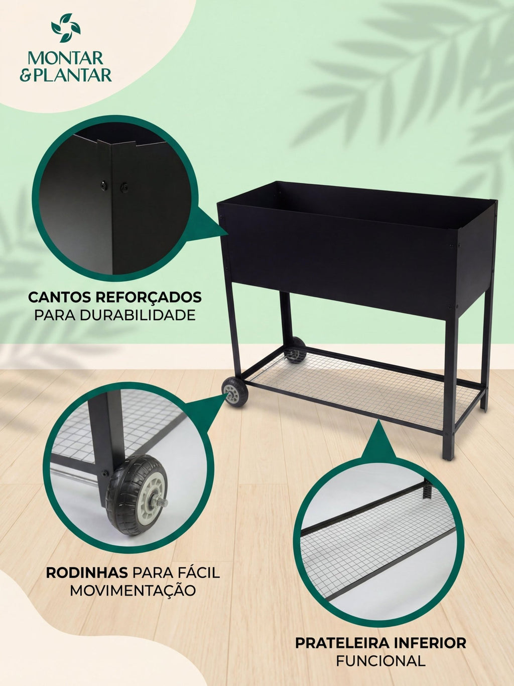 Floreira Metálica com Rodinhas 95x40x80cm Preta - Montar & Plantar