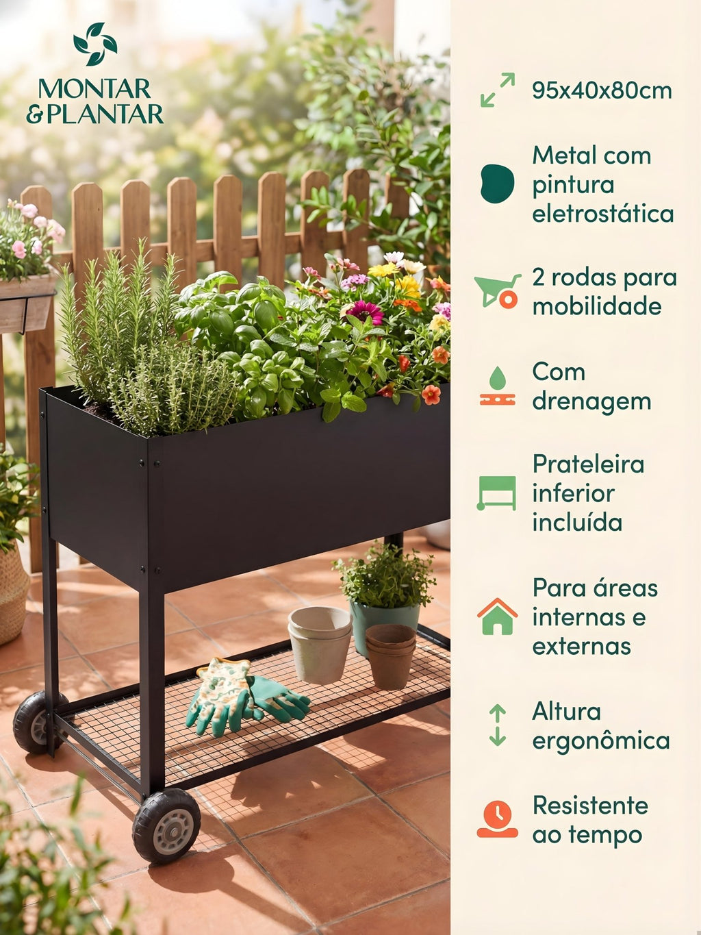 Floreira Metálica com Rodinhas 95x40x80cm Preta - Montar & Plantar