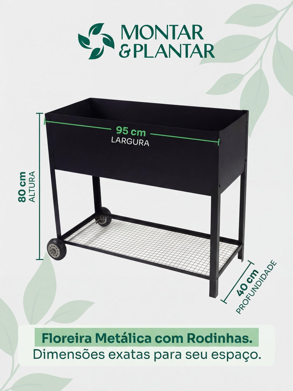 Floreira Metálica com Rodinhas 95x40x80cm Preta - Montar & Plantar