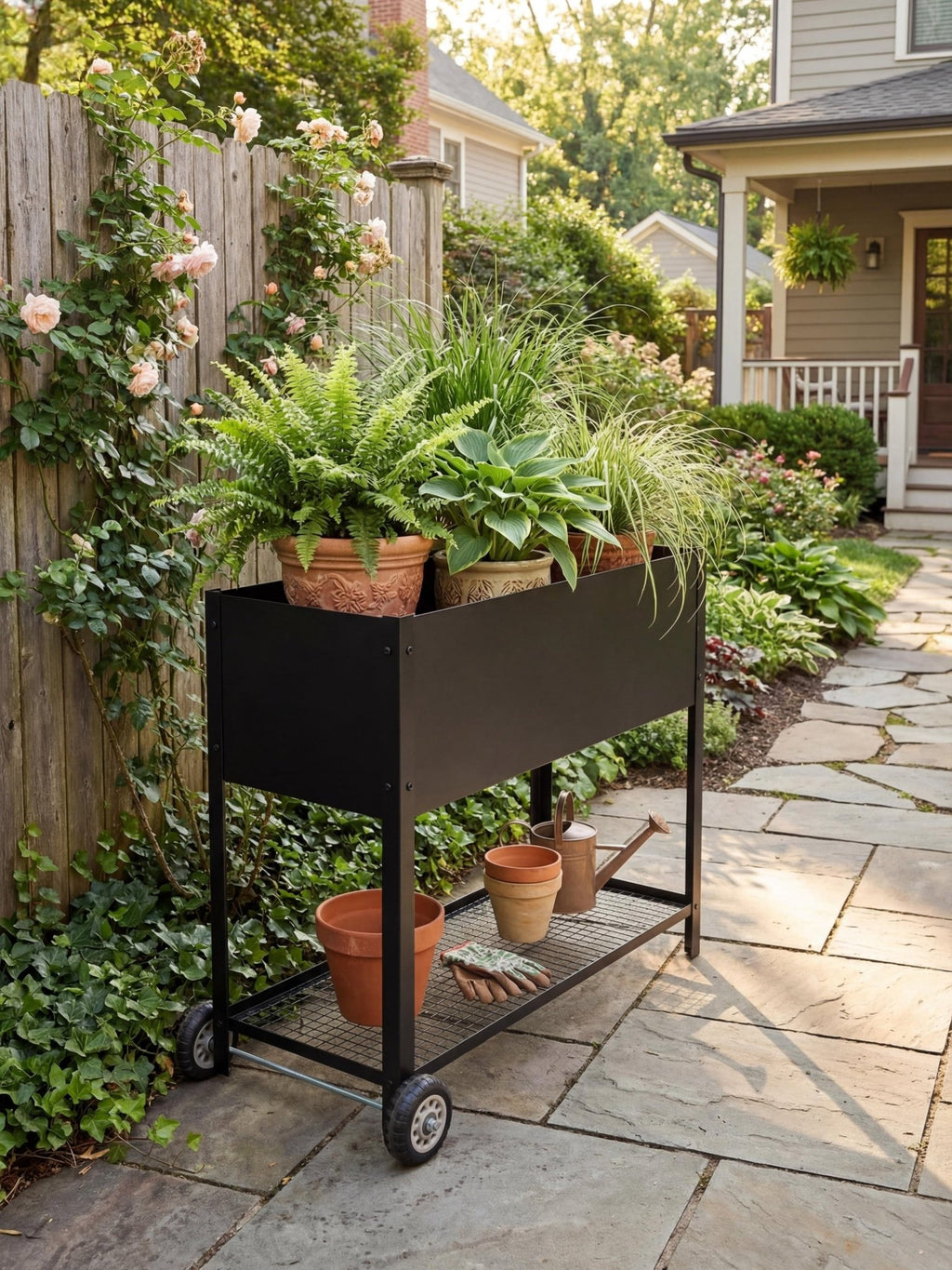 Floreira Metálica com Rodinhas 95x40x80cm Preta - Montar & Plantar