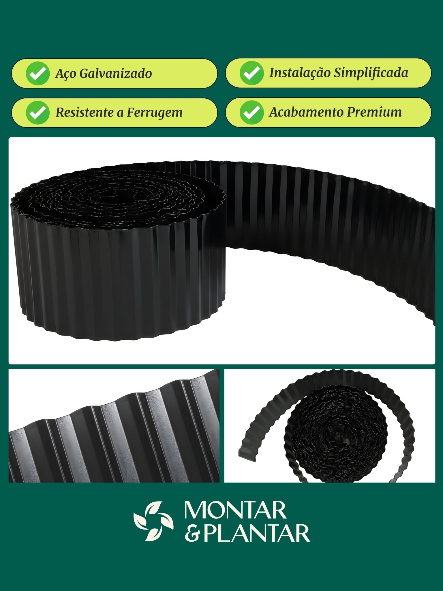 Limitador Metálico Ondulado para Jardim 20cm x 12mt Preto - Montar & Plantar