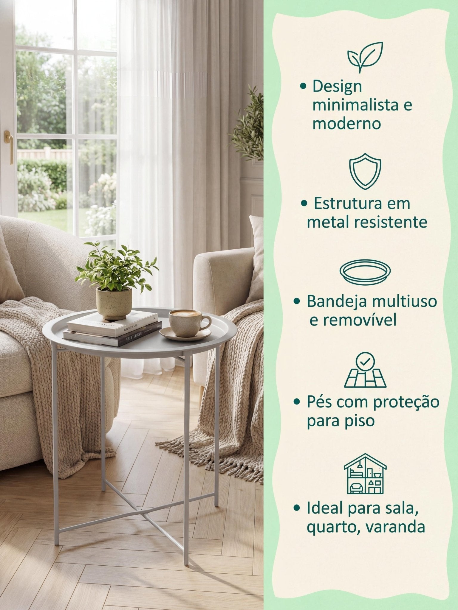 Mesinha Decorativa em Metal com Bandeja 47cm Branca - Montar & Plantar