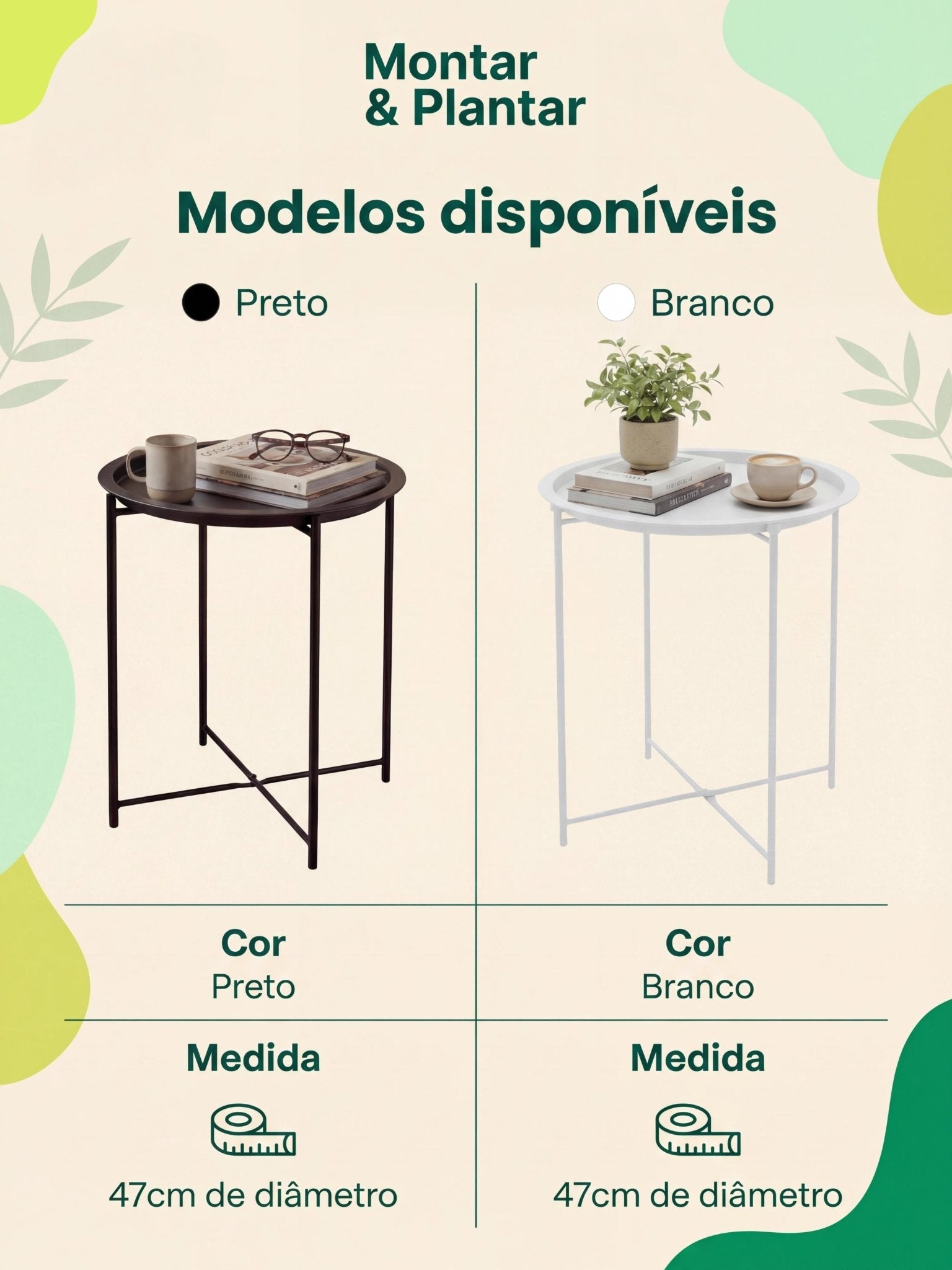 Mesinha Decorativa em Metal com Bandeja 47cm Branca - Montar & Plantar