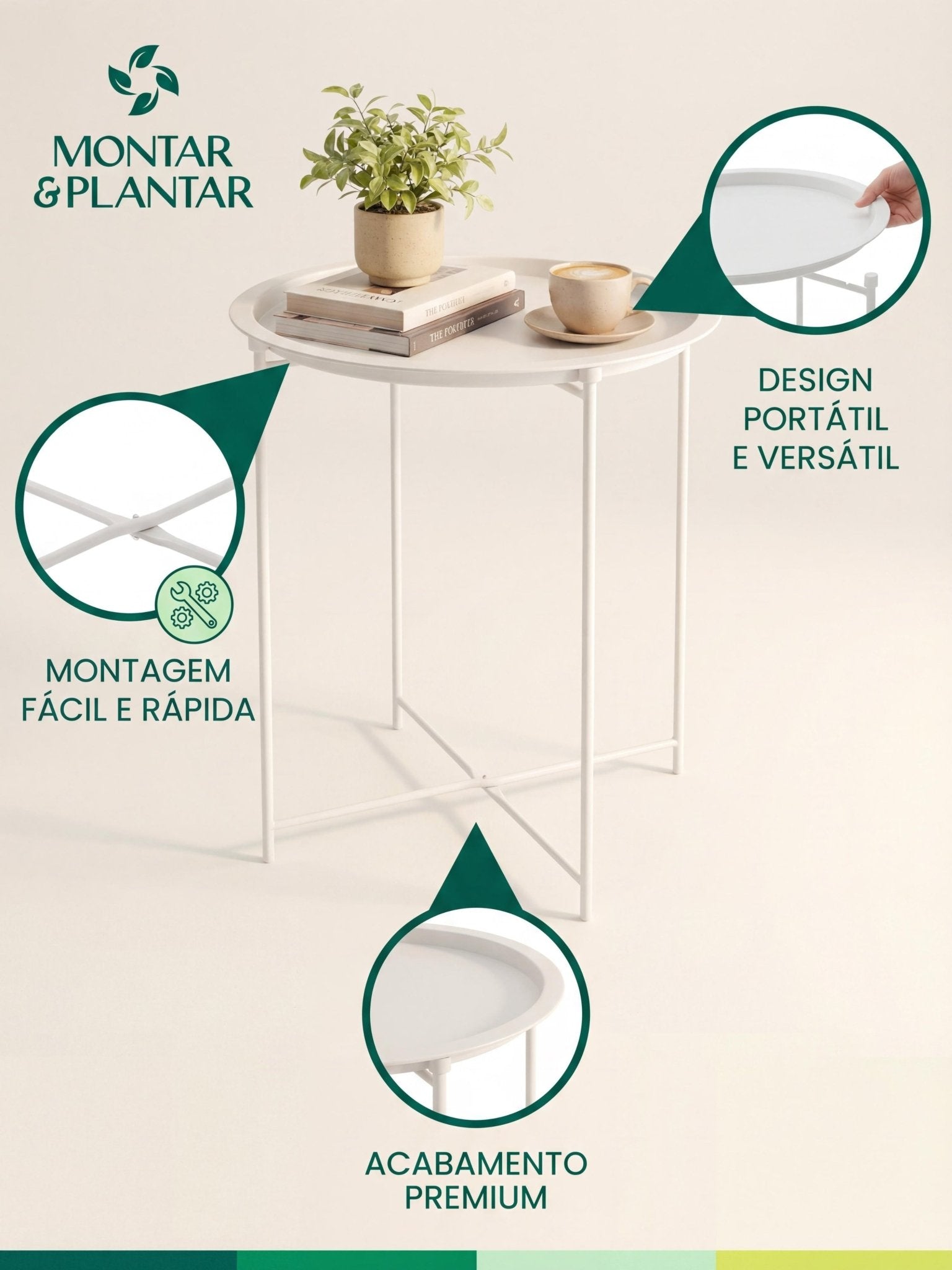 Mesinha Decorativa em Metal com Bandeja 47cm Branca - Montar & Plantar