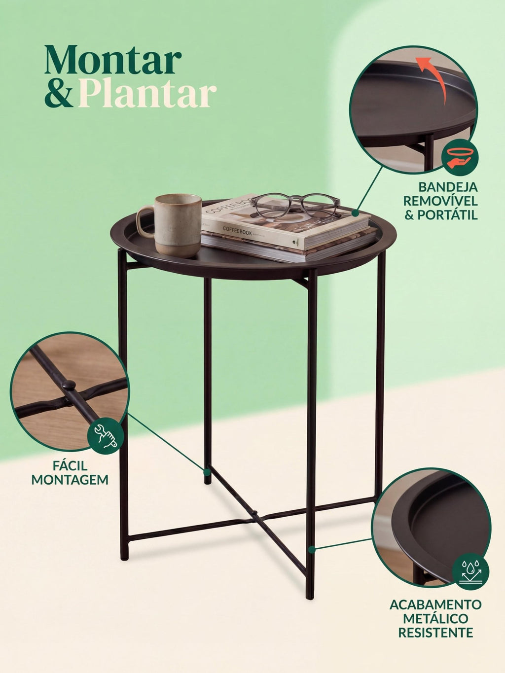Mesinha Decorativa em Metal com Bandeja 47cm Preto - Montar & Plantar