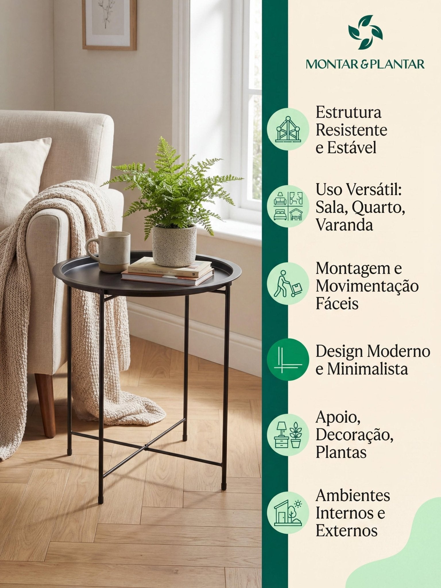 Mesinha Decorativa em Metal com Bandeja 47cm Preto - Montar & Plantar