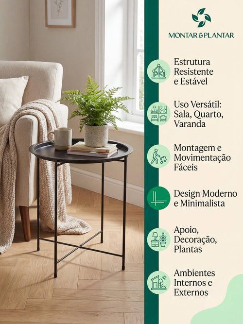 Mesinha Decorativa em Metal com Bandeja 47cm Preto - Montar & Plantar