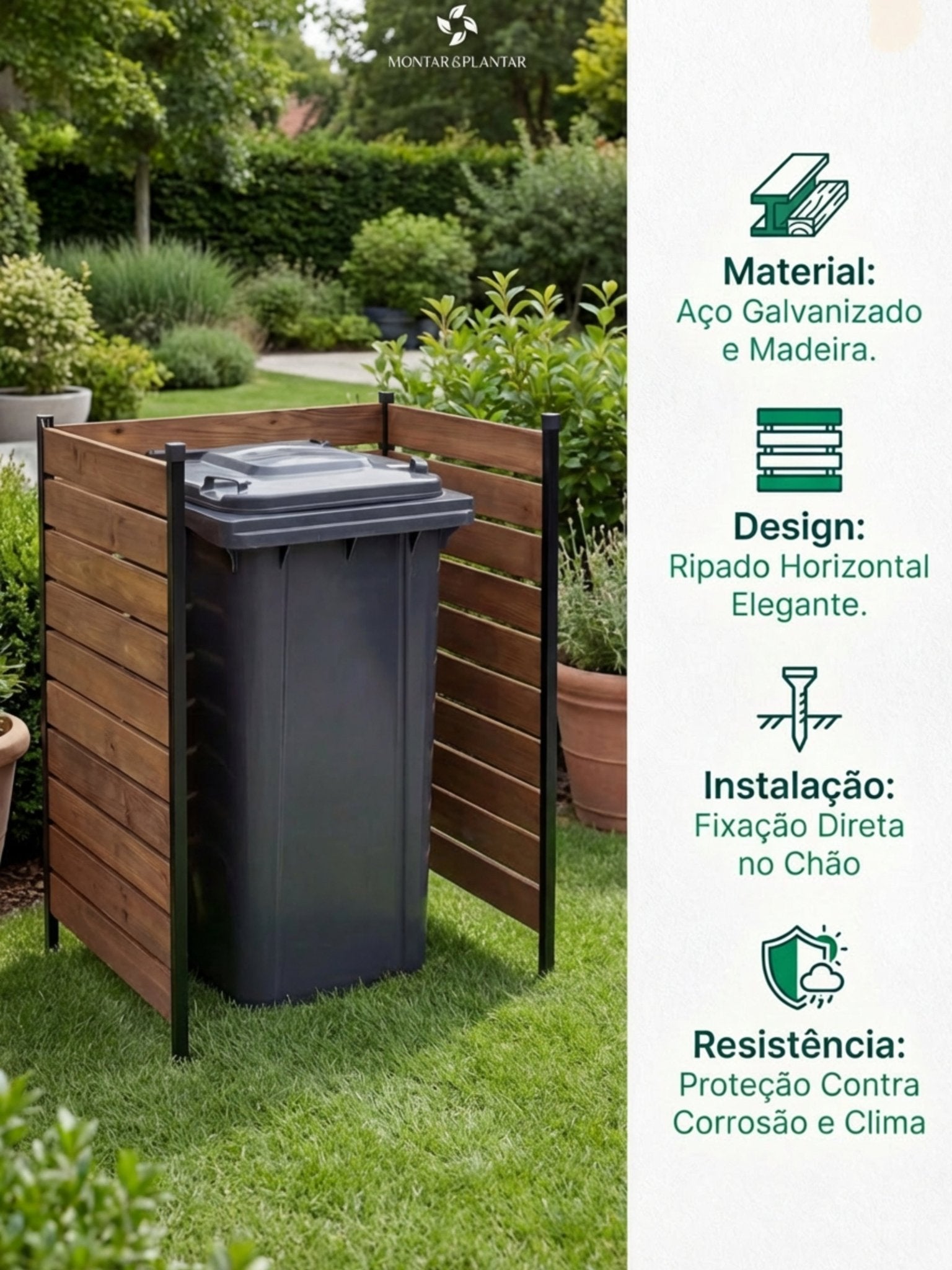 Painel de Privacidade Ripado para Lixeira 90x75cm 3 Peças - Montar & Plantar