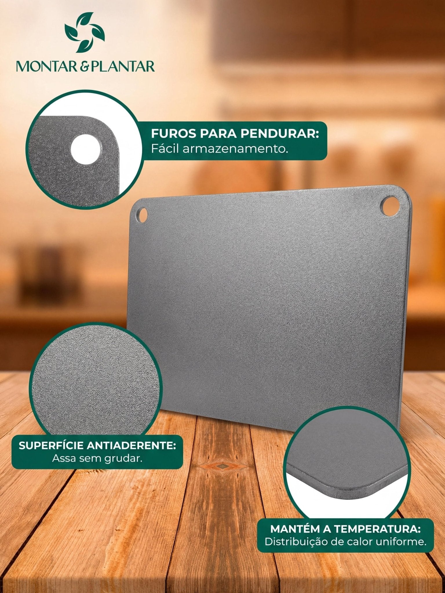 Pedra para Assar Pizza em Aço Carbono 40x34cm 6mm Cinza - Montar & Plantar