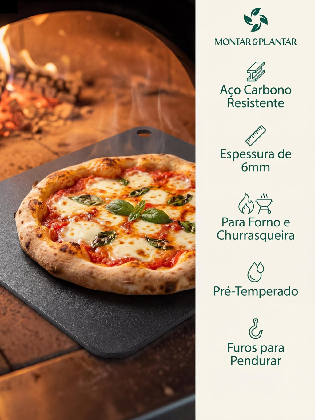 Pedra para Assar Pizza em Aço Carbono 40x34cm 6mm Cinza - Montar & Plantar
