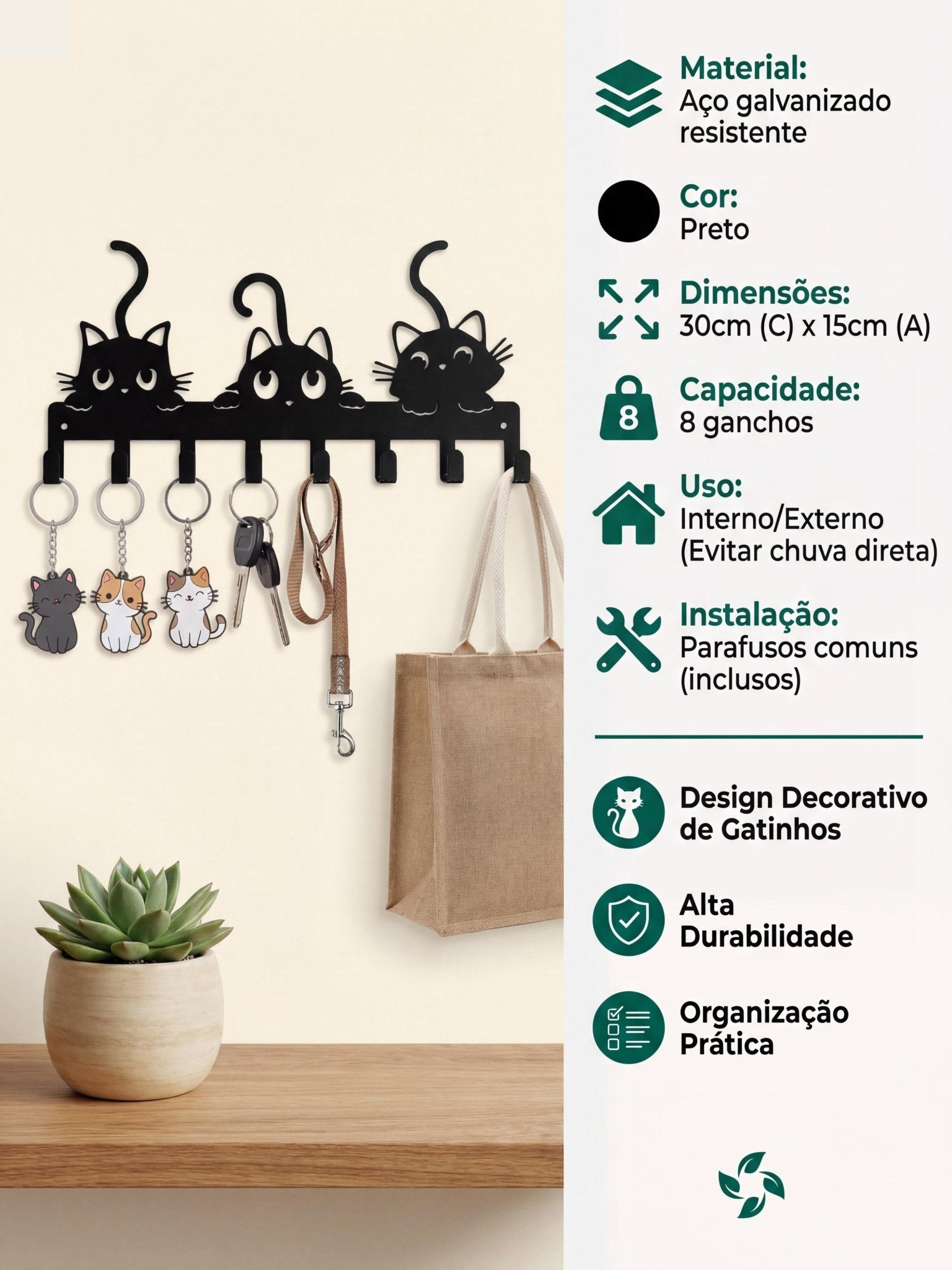 Porta Chaves Gatinhos em Metal 30x15cm Preto - Montar & Plantar