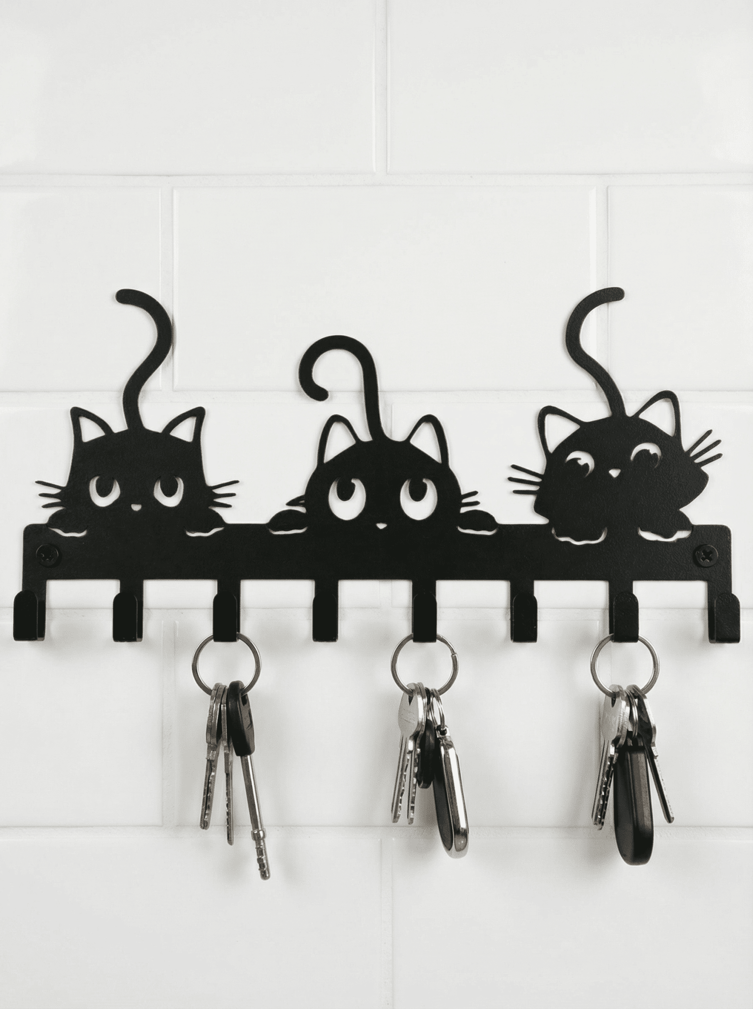 Porta Chaves Gatinhos em Metal 30x15cm Preto - Montar & Plantar