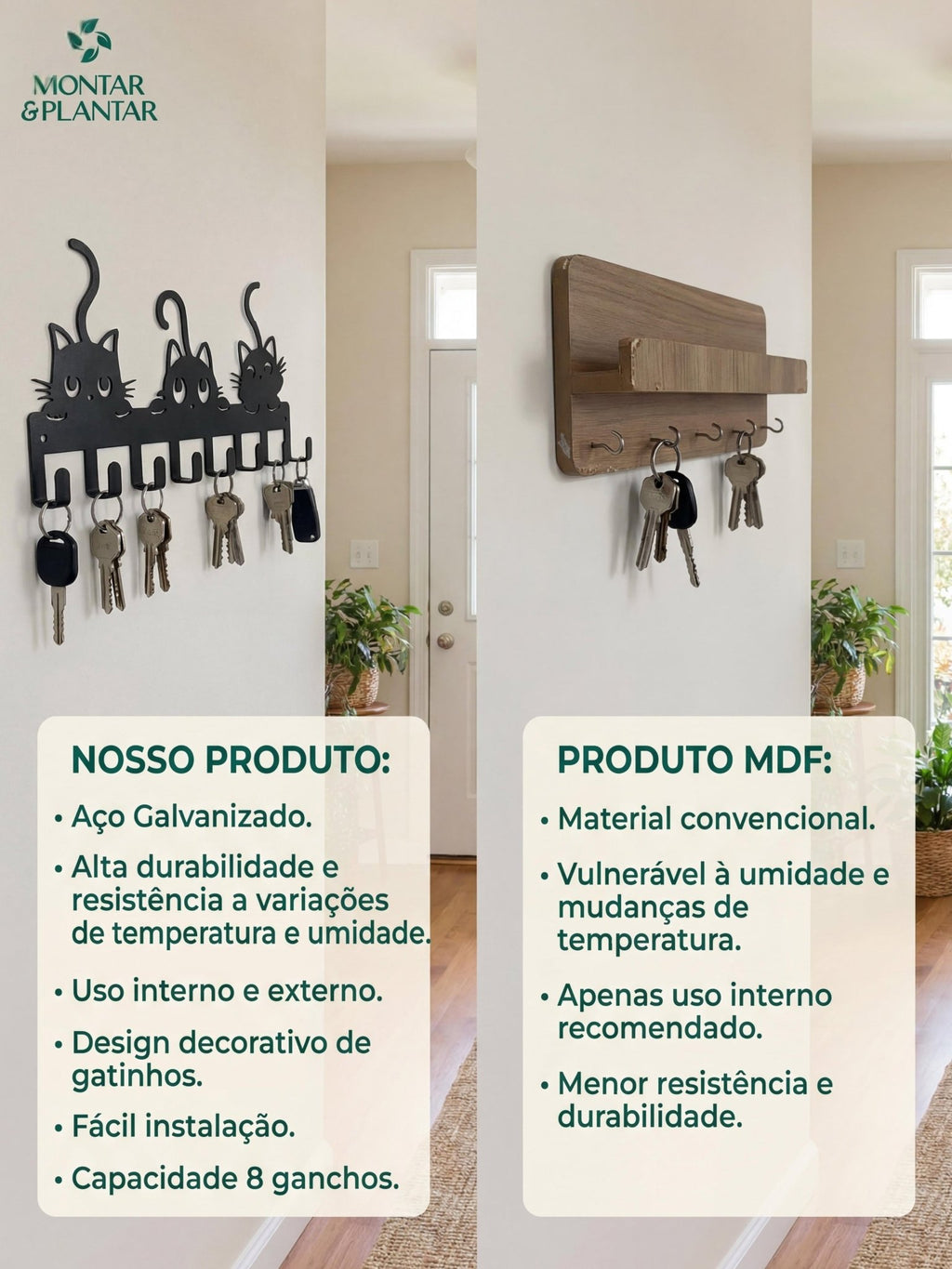 Porta Chaves Gatinhos em Metal 30x15cm Preto - Montar & Plantar