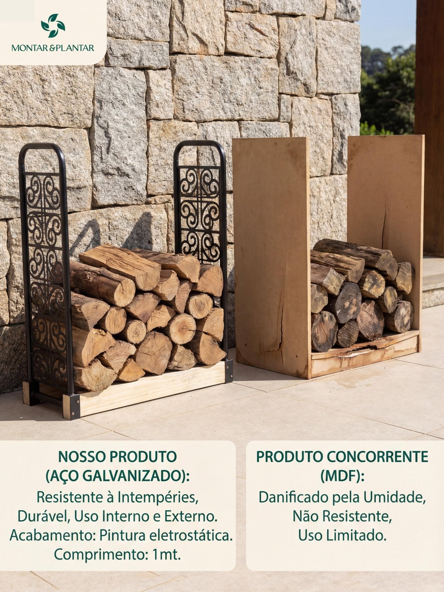 Porta Lenhas Grande em Aço Trabalhado 0,32x1,06mt Preto - Montar & Plantar