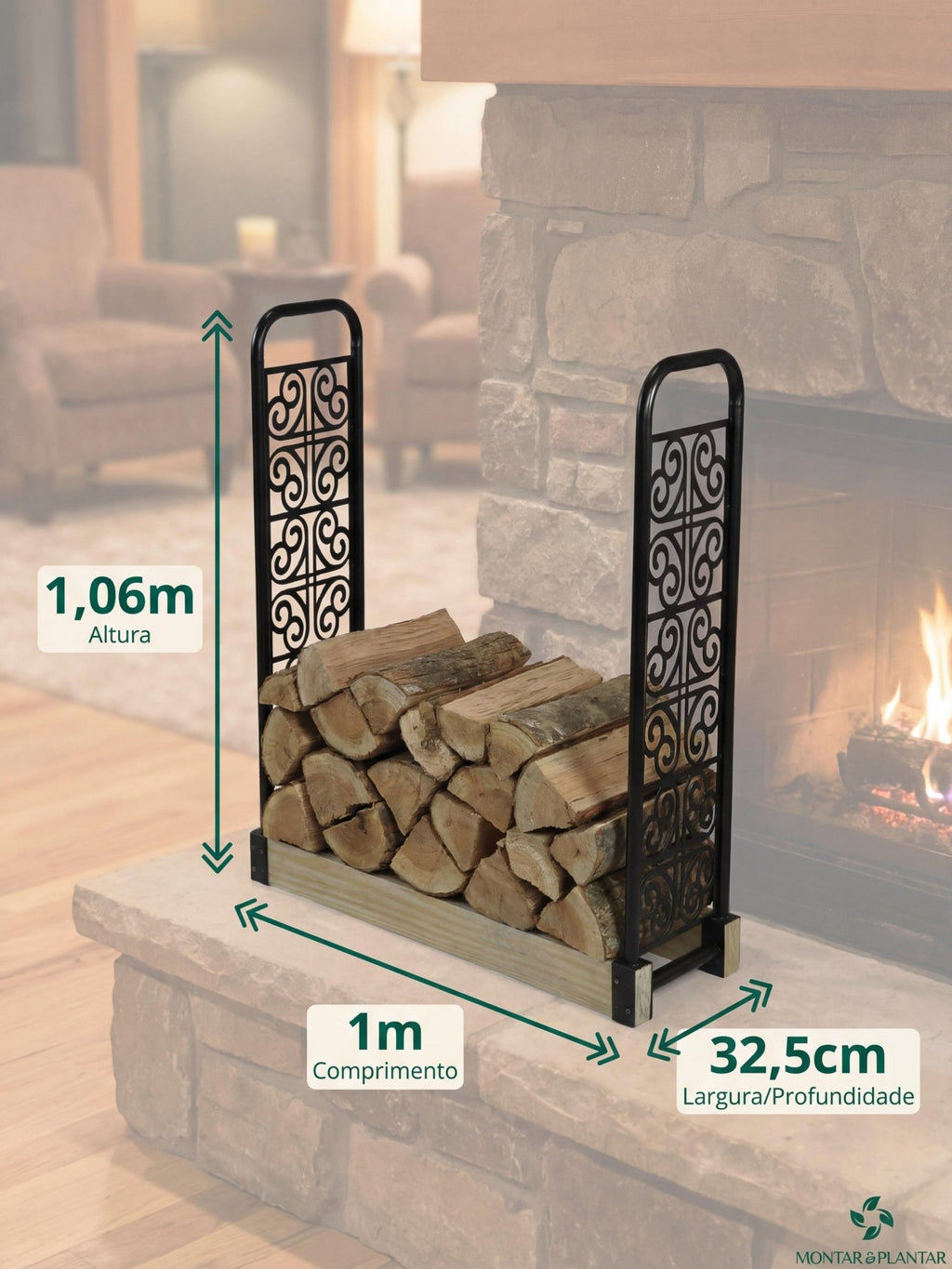 Porta Lenhas Grande em Aço Trabalhado 0,32x1,06mt Preto - Montar & Plantar