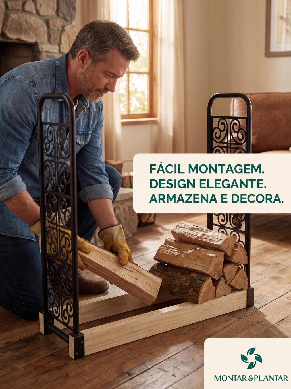 Porta Lenhas Grande em Aço Trabalhado 0,32x1,06mt Preto - Montar & Plantar