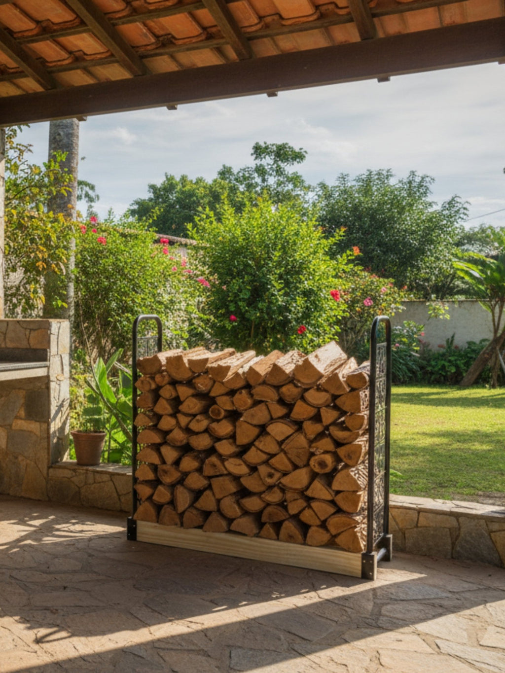 Porta Lenhas Grande em Aço Trabalhado 0,32x1,06mt Preto - Montar & Plantar