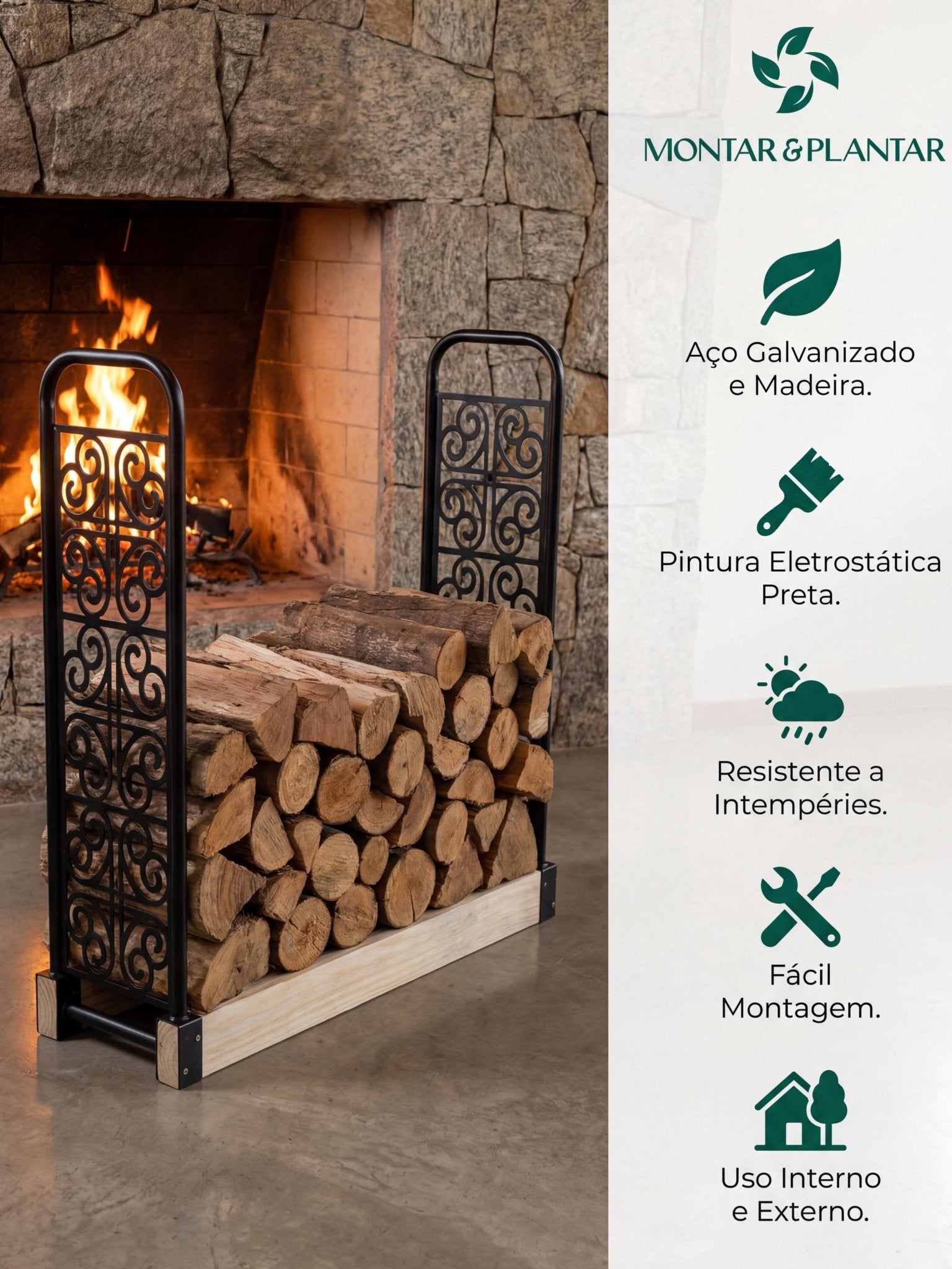 Porta Lenhas Grande em Aço Trabalhado 0,32x1,06mt Preto - Montar & Plantar