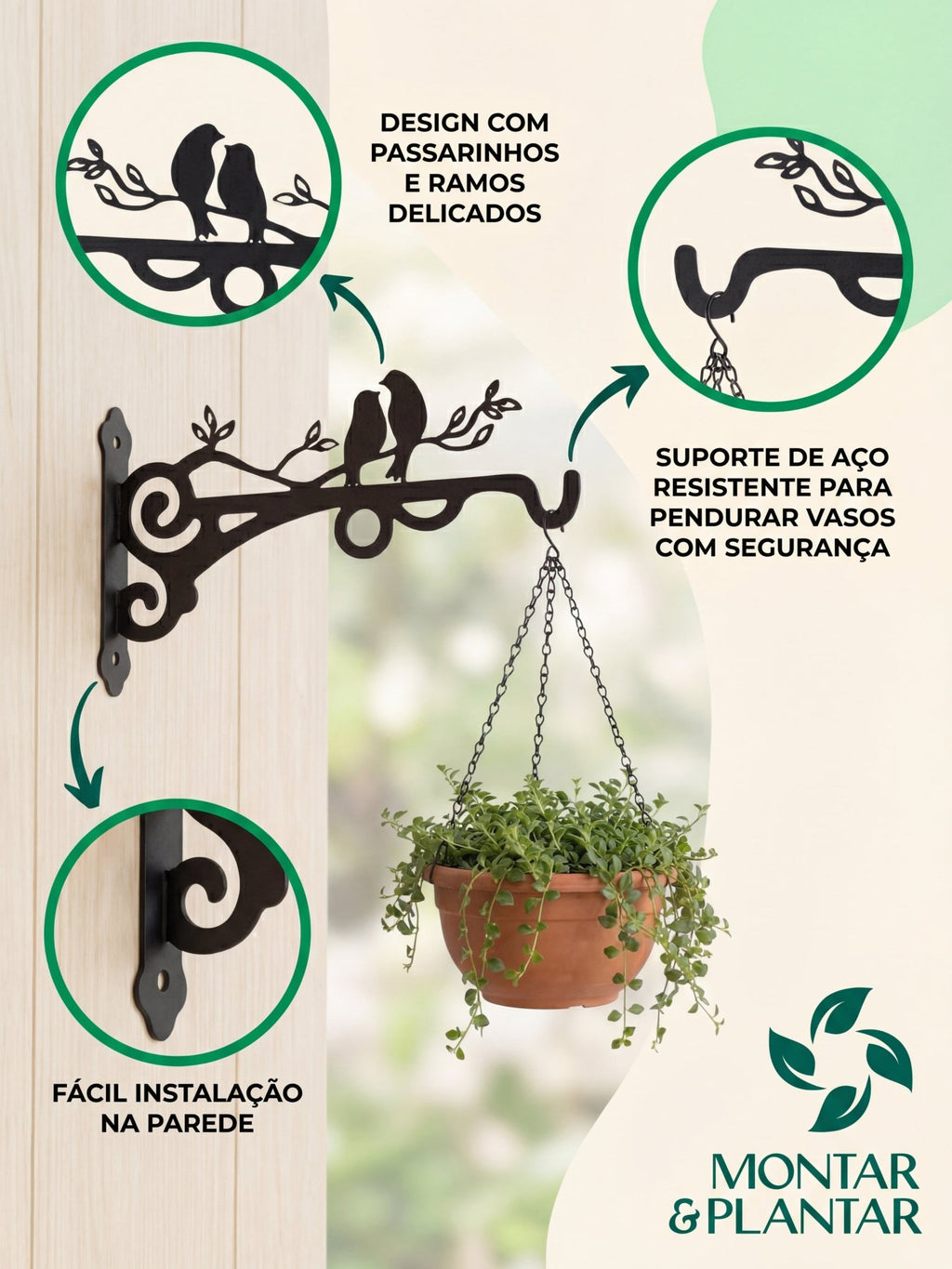 Suporte Gancho Metálico para Vasos Passarinhos 20cm Preto - Montar & Plantar