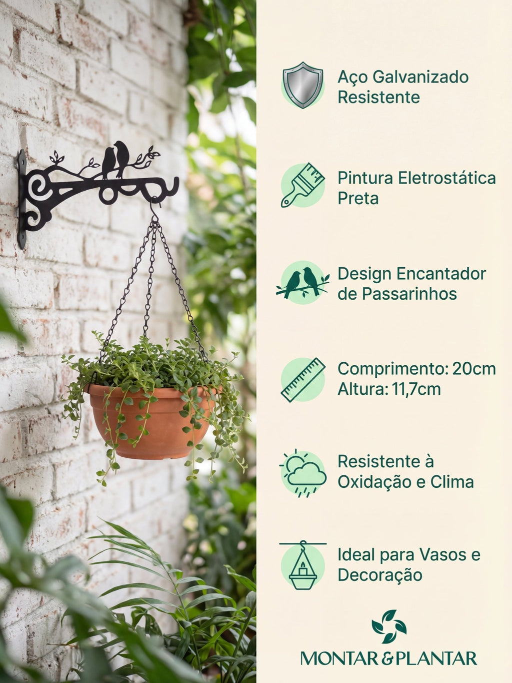 Suporte Gancho Metálico para Vasos Passarinhos 20cm Preto - Montar & Plantar