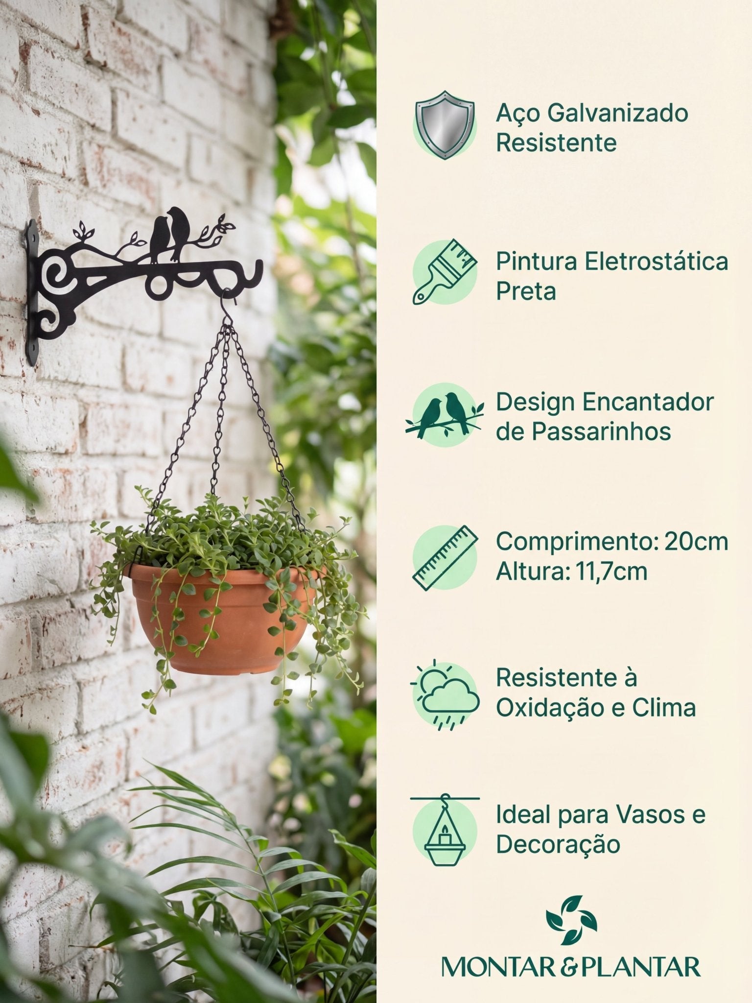 Suporte Gancho Metálico para Vasos Passarinhos 20cm Preto - Montar & Plantar