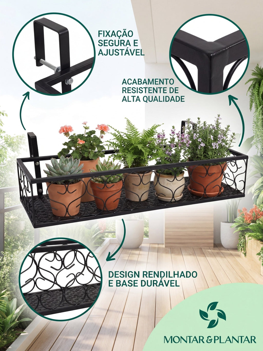 Suporte Metálico de Plantas para Sacada 60cm Preto - Montar & Plantar