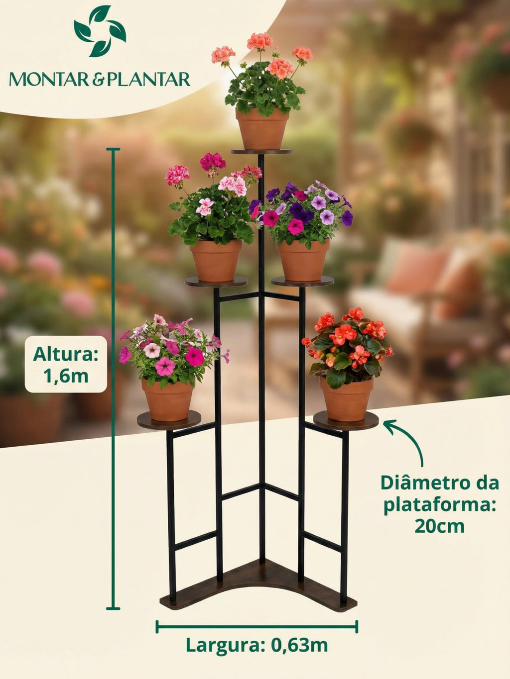 Suporte Metálico para Jardim Vertical 3 Andares Amadeirado - Montar & Plantar