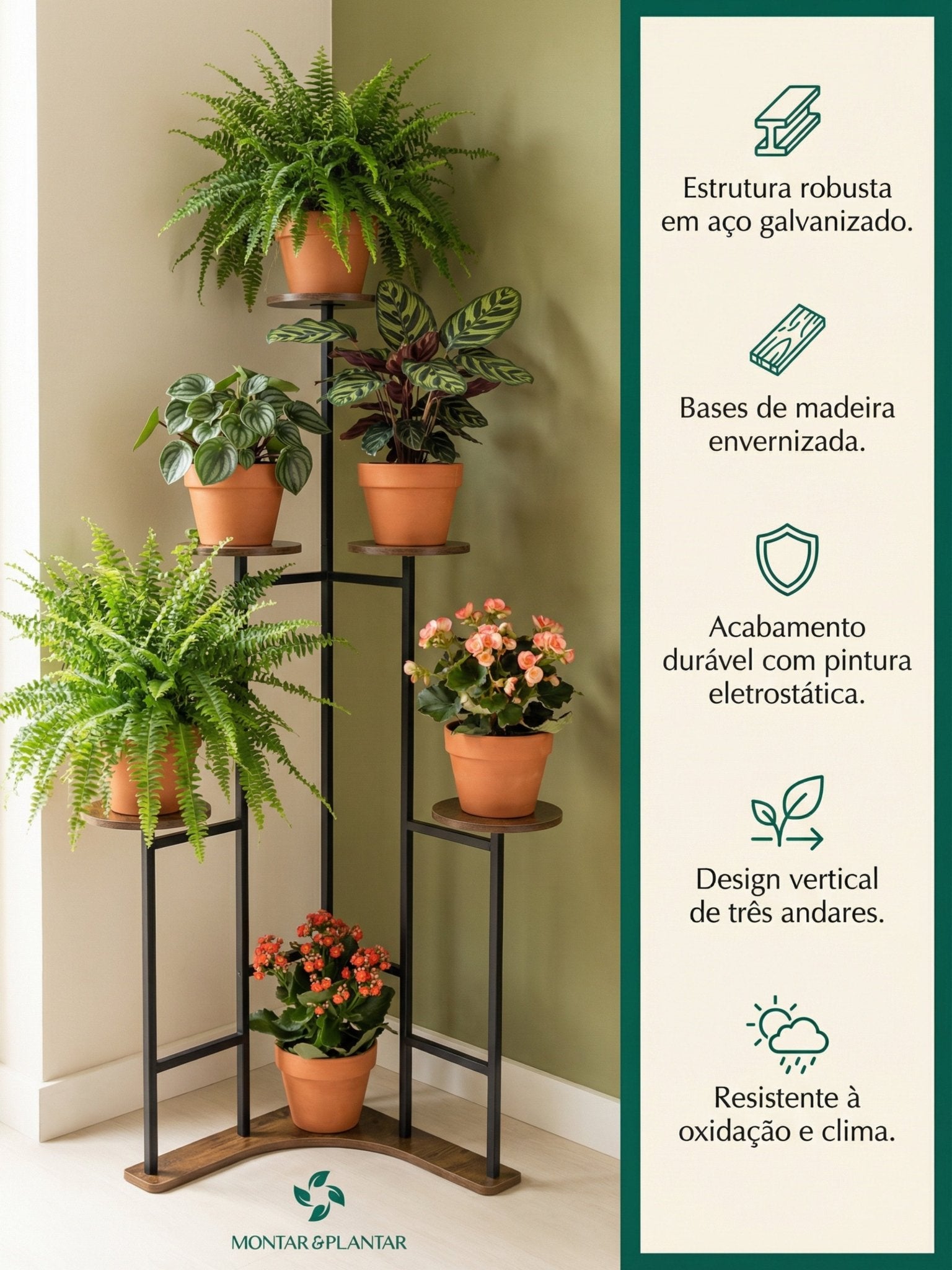 Suporte Metálico para Jardim Vertical 3 Andares Amadeirado - Montar & Plantar