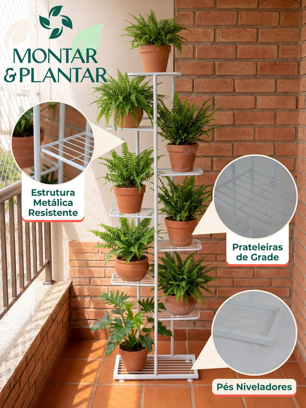 Suporte Metálico para Jardim Vertical 7 Andares Branco - Montar & Plantar
