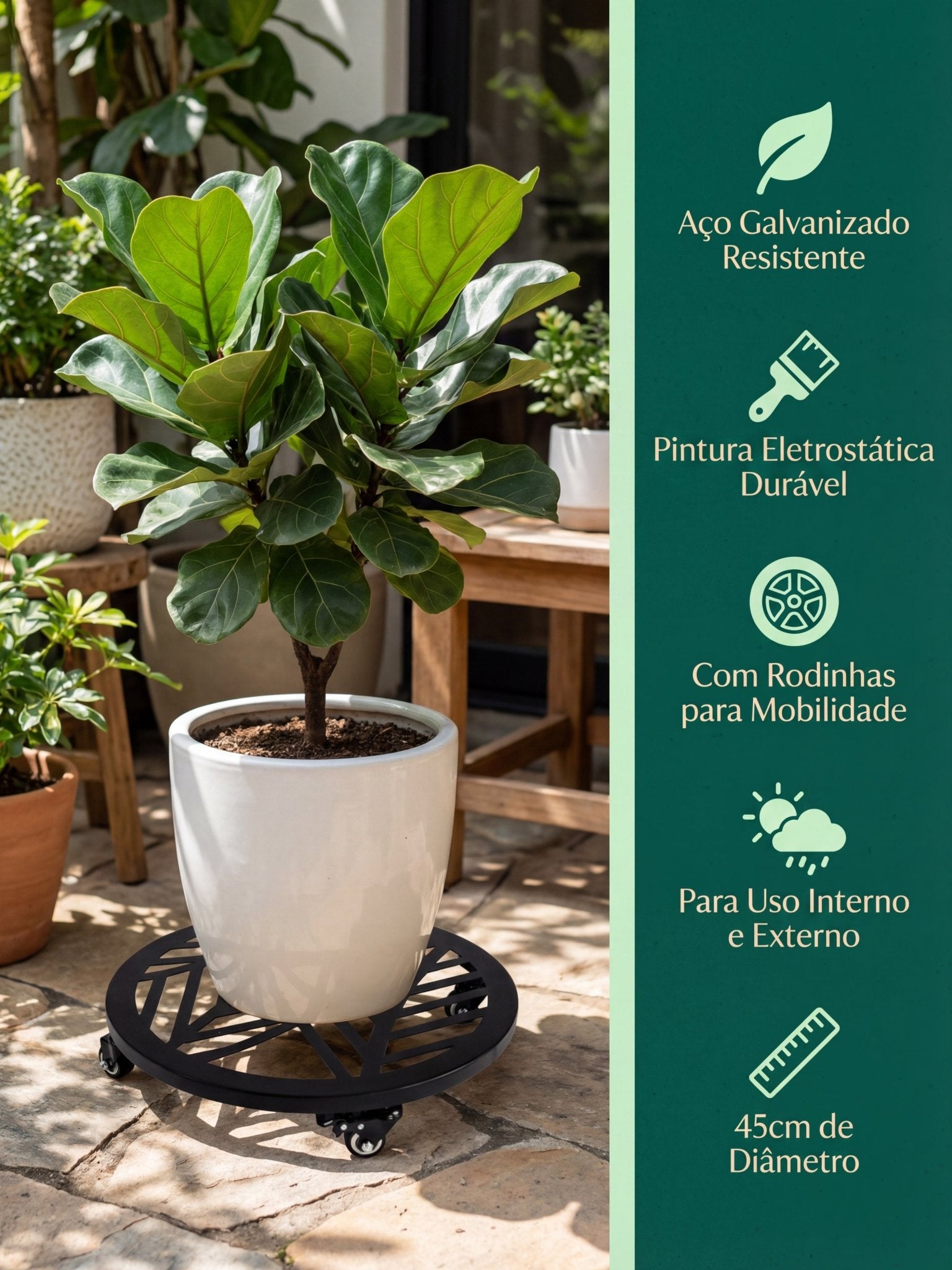 Suporte Metálico para Vasos de Plantas com Rodas 45cm Preto - Montar & Plantar