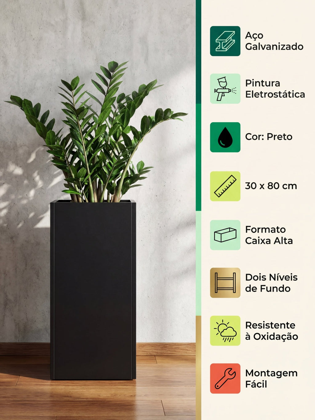 Vaso Metálico para Plantas Caixa Alta 30x80cm Preto - Montar & Plantar