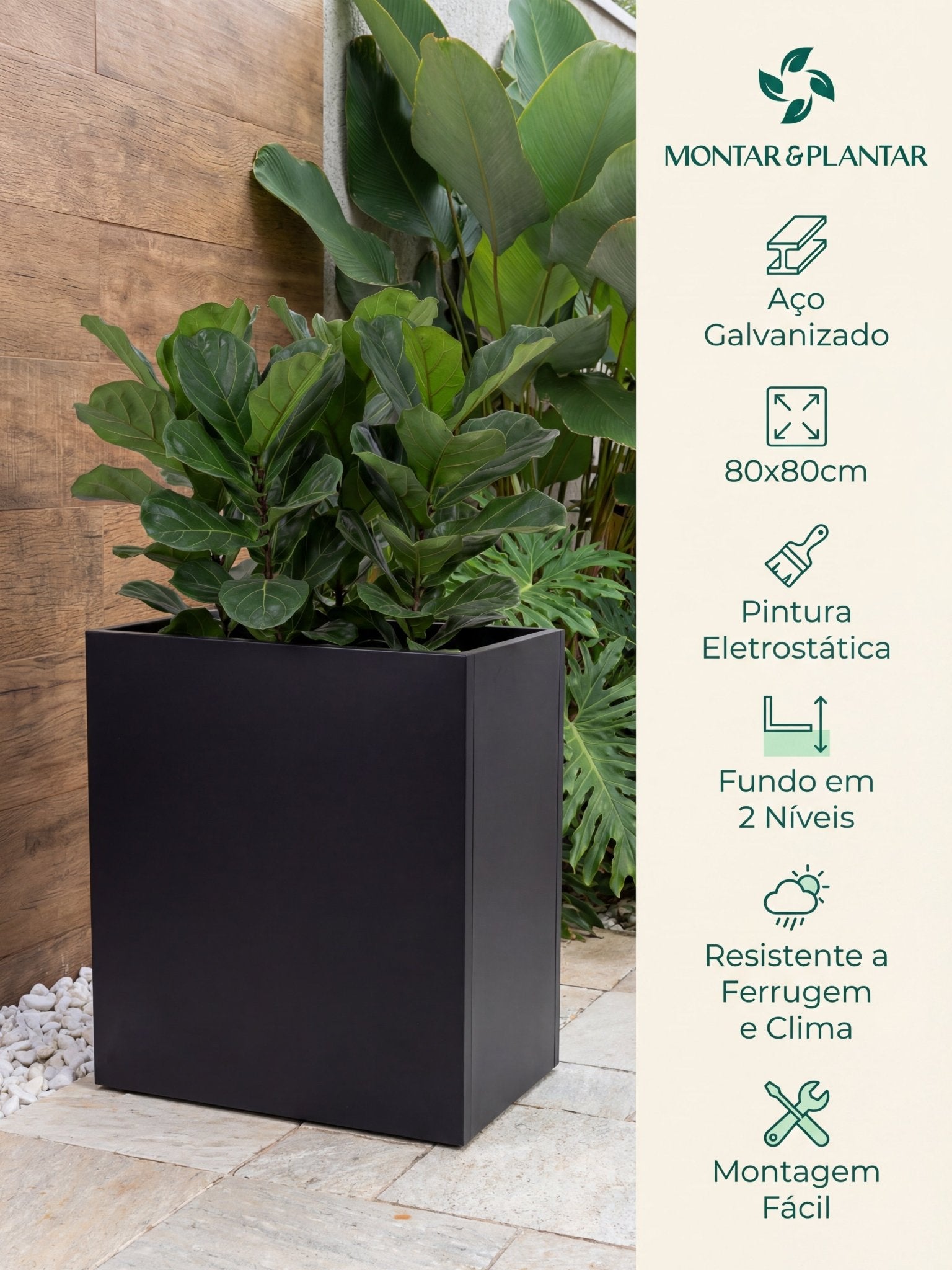 Vaso Metálico para Plantas Caixa Alta 80x80cm Preto - Montar & Plantar